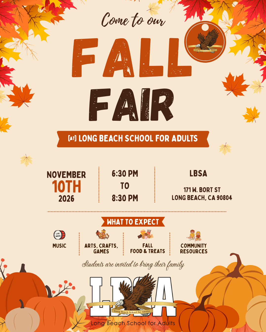 LBSA Fall Fair flyer for November 10, 2026, from 6:30 to 8:30 p.m. at Long Beach School for Adults.